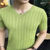 Mens Polo Shirts Short Sleeve Tees Casual V Neck Ribbed Textured Knit Polo Shirt Muscle Slim Fit Workout T-Shirts Green view 4