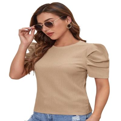 ELDINA Women's 2024 Summer Short Sleeve T-Shirt Puff Sleeve Solid Tee Khaki, X-Small