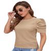 ELDINA Women's 2024 Summer Short Sleeve T-Shirt Puff Sleeve Solid Tee Khaki, X-Small