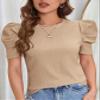 ELDINA Women's 2024 Summer Short Sleeve T-Shirt Puff Sleeve Solid Tee Khaki, X-Small view 2