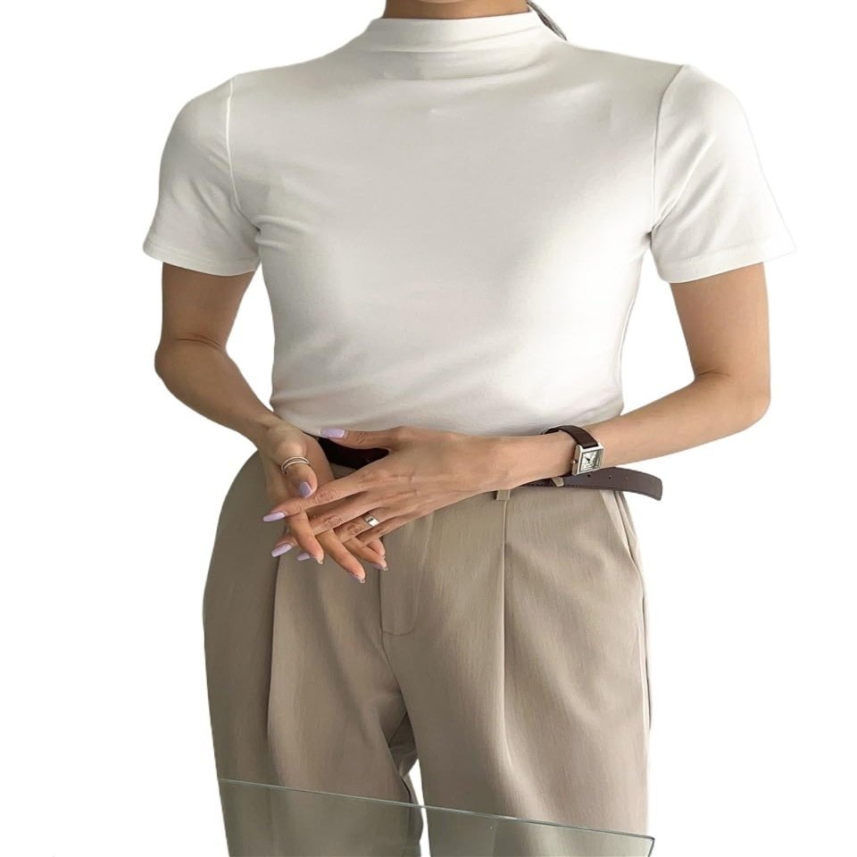 ELDINA Women's 2024 Summer Short Sleeve T-Shirt White Solid Stand Collar Tee, X-Large
