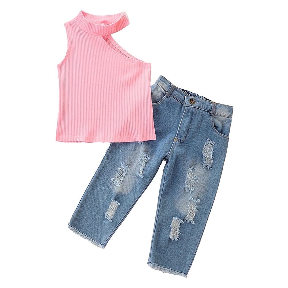 New Born Baby Boy Suit Gift Set Girls Suit Strapless Short Sleeved Tops Broken Jeans Two Piece (Pink, 18-24 Months)