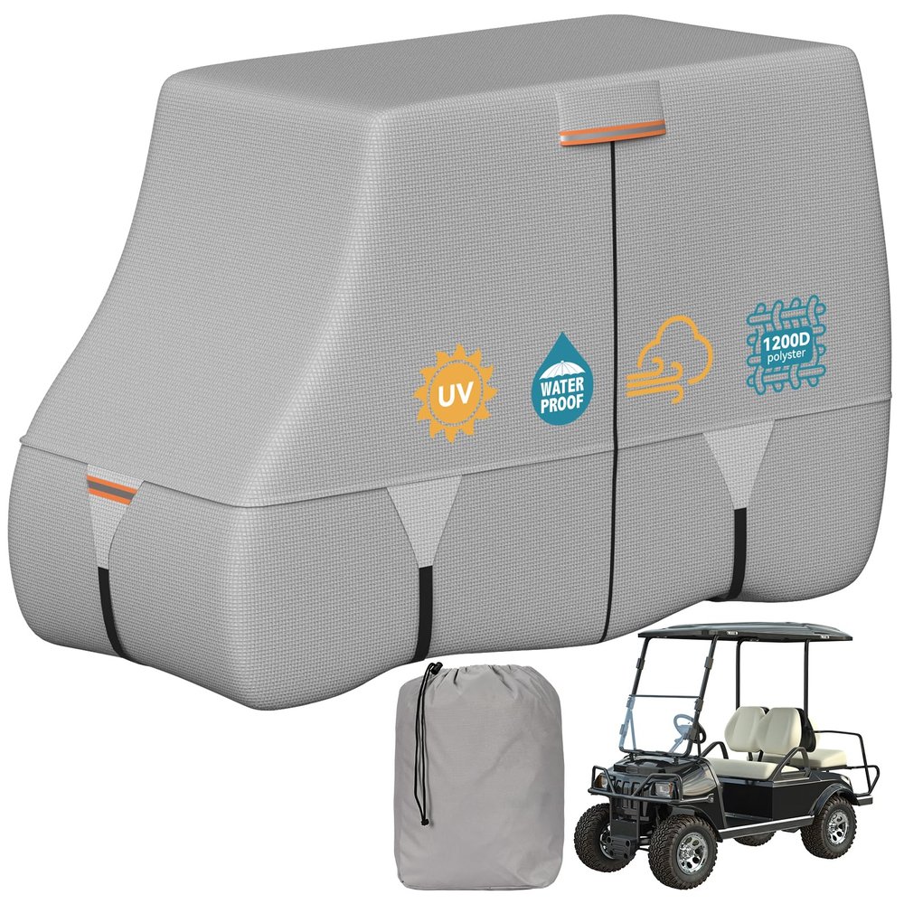 100% Waterproof 1200D Solution-Dyed Golf Cart Cover Universal Fit Yamaha,Honda,Club Car,EZGO and Most Brand Golf Cart for 2/2+2/4/4+2/6 Seats with Zipper Door,Storage Bag,Fit for 2+2/4 Passenger Cart