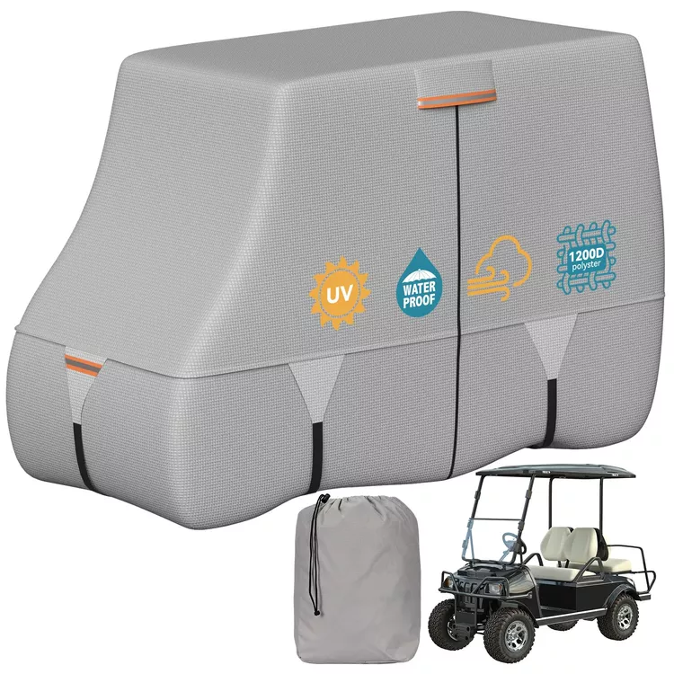 100% Waterproof 1200D Solution-Dyed Golf Cart Cover Universal Fit Yamaha,Honda,Club Car,EZGO and Most Brand Golf Cart for 2/2+2/4/4+2/6 Seats with Zipper Door,Storage Bag,Fit for 2+2/4 Passenger Cart