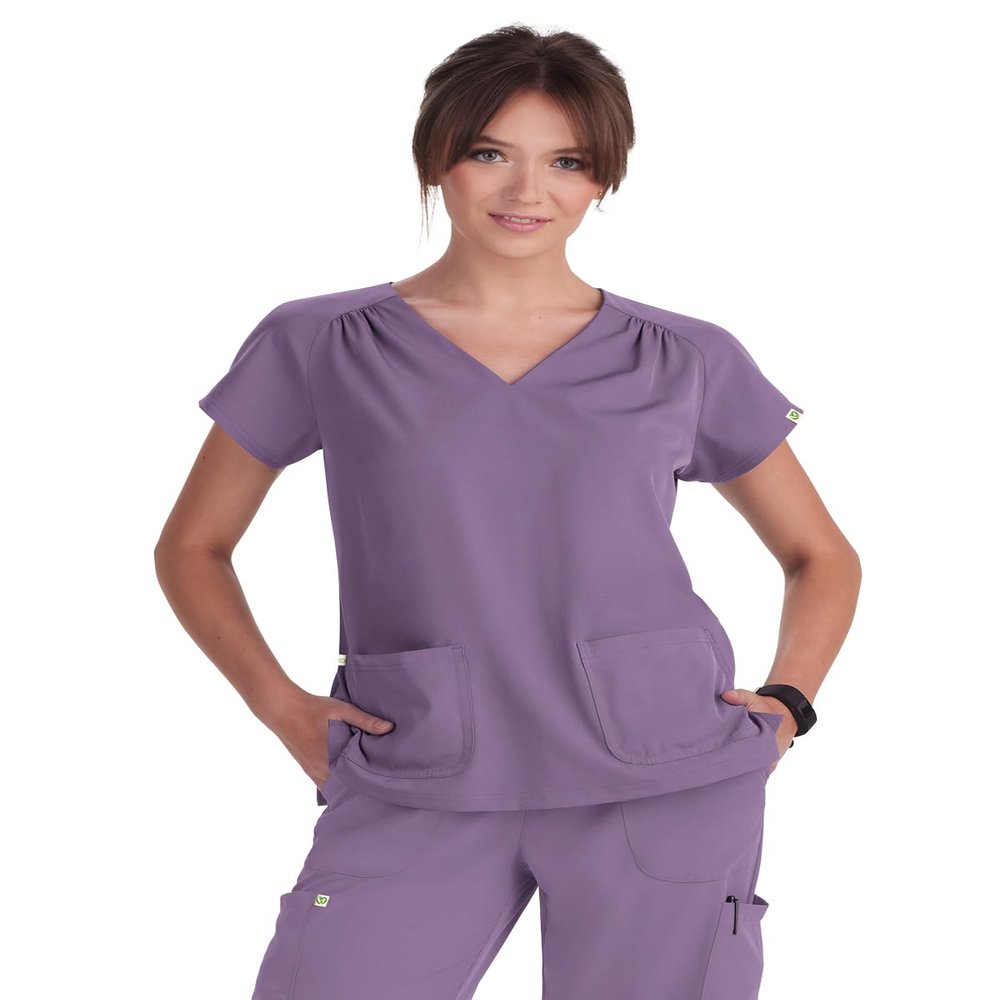 KOI Planet Meadow Women's 2-Pocket Eco-Friendly Scrub Top Dusty Grape XX-Small