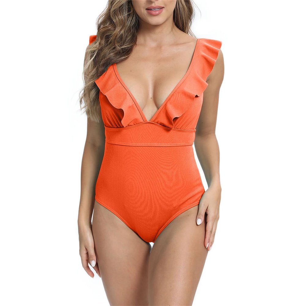 Women's Sexy Deep V Neck Vintage Solid One Piece Swimsuits Back Lace Up Ruffle Bathing Suits Tummy Control Slimming Swimwear for Beach Wear S Orange