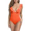 Women's Sexy Deep V Neck Vintage Solid One Piece Swimsuits Back Lace Up Ruffle Bathing Suits Tummy Control Slimming Swimwear for Beach Wear S Orange view 1