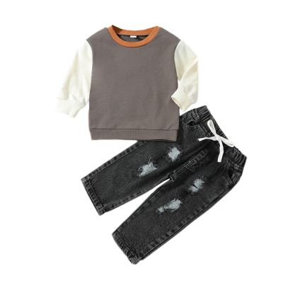 Boy 4 Month Clothes Kids Outfit Soft Cotton Warm Crewneck Round Neck Long Sleeve Solid Color (Grey, 12-18 Months)