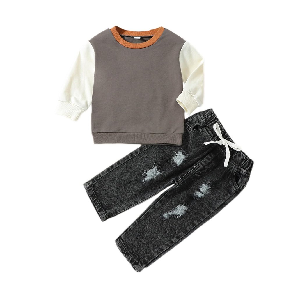 Boy 4 Month Clothes Kids Outfit Soft Cotton Warm Crewneck Round Neck Long Sleeve Solid Color (Grey, 12-18 Months)