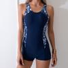 OBEEII One Piece Swimsuit for Women Sleeveless Rash Guard Tummy Control One Piece Bathing Suit Boyleg Water Sports Boyshorts Surfing Athletic Swimwear for Teen Navy Blue-U Back L view 2