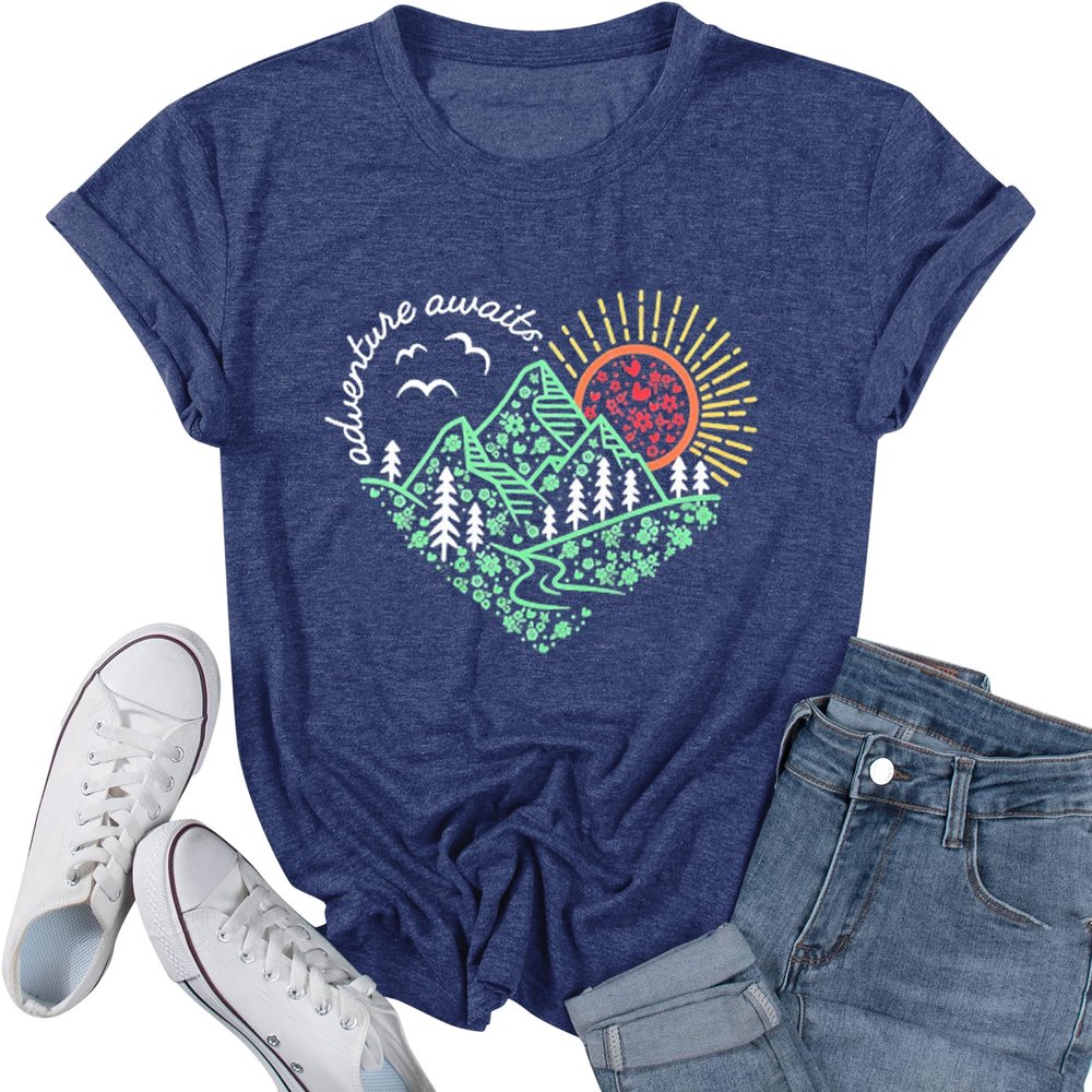 Adventure Awaits Shirt for Women Funny Mountain Road Graphic Kindness Heart Printed Tee Top Hiking Outdoor Workout Tops, Blue XXL