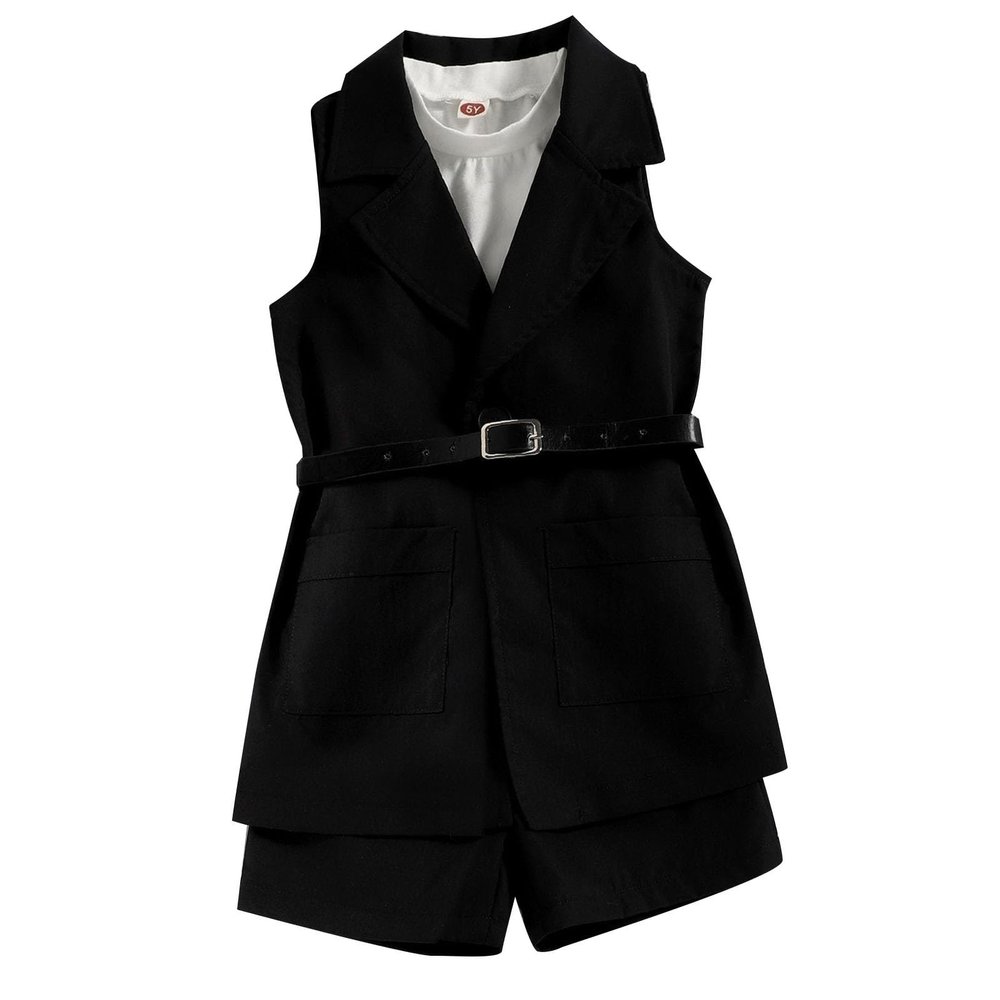 Cute Girls Clothes for Teens Kids Girls' Set Spring/Summer Solid Color Sleeveless Pocket Coat Shorts (Black, 4-5 Years)