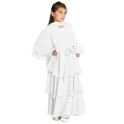Chiffon Abaya Dress - Muslim Girls' Prayer Dress with Hijab, Layered, Open Front Cardigan, White, 9-10 Years