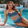 BMJL Women's High Waisted Bikini Ribbed Two Piece Swimsuit High Cut Color Block Adjustable Straps Bathing Suit(L,Dark Blue) view 3
