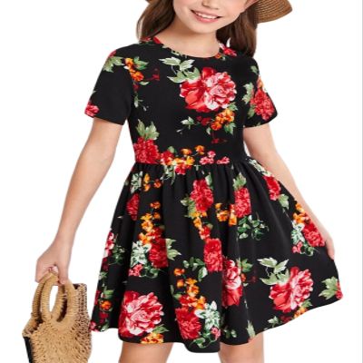 21KIDS Girls Floral Dress Kids Boho Short Sleeve Pleated Casual Dress with Pockets for Girls, Black2, 14 Years