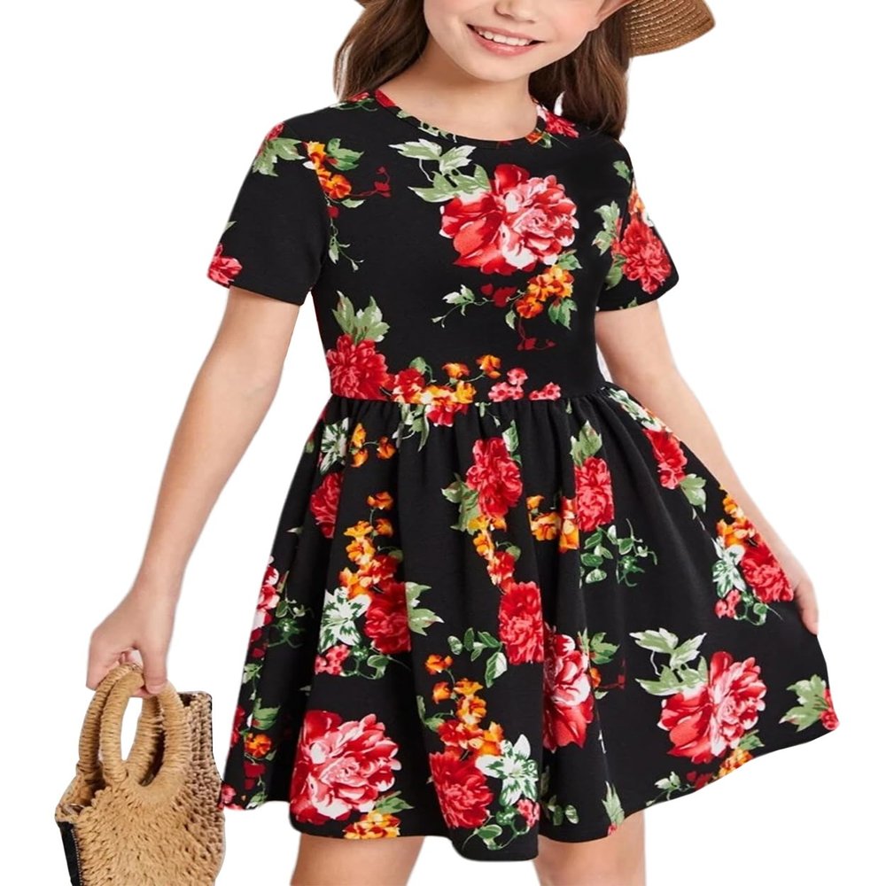 21KIDS Girls Floral Dress Kids Boho Short Sleeve Pleated Casual Dress with Pockets for Girls, Black2, 14 Years