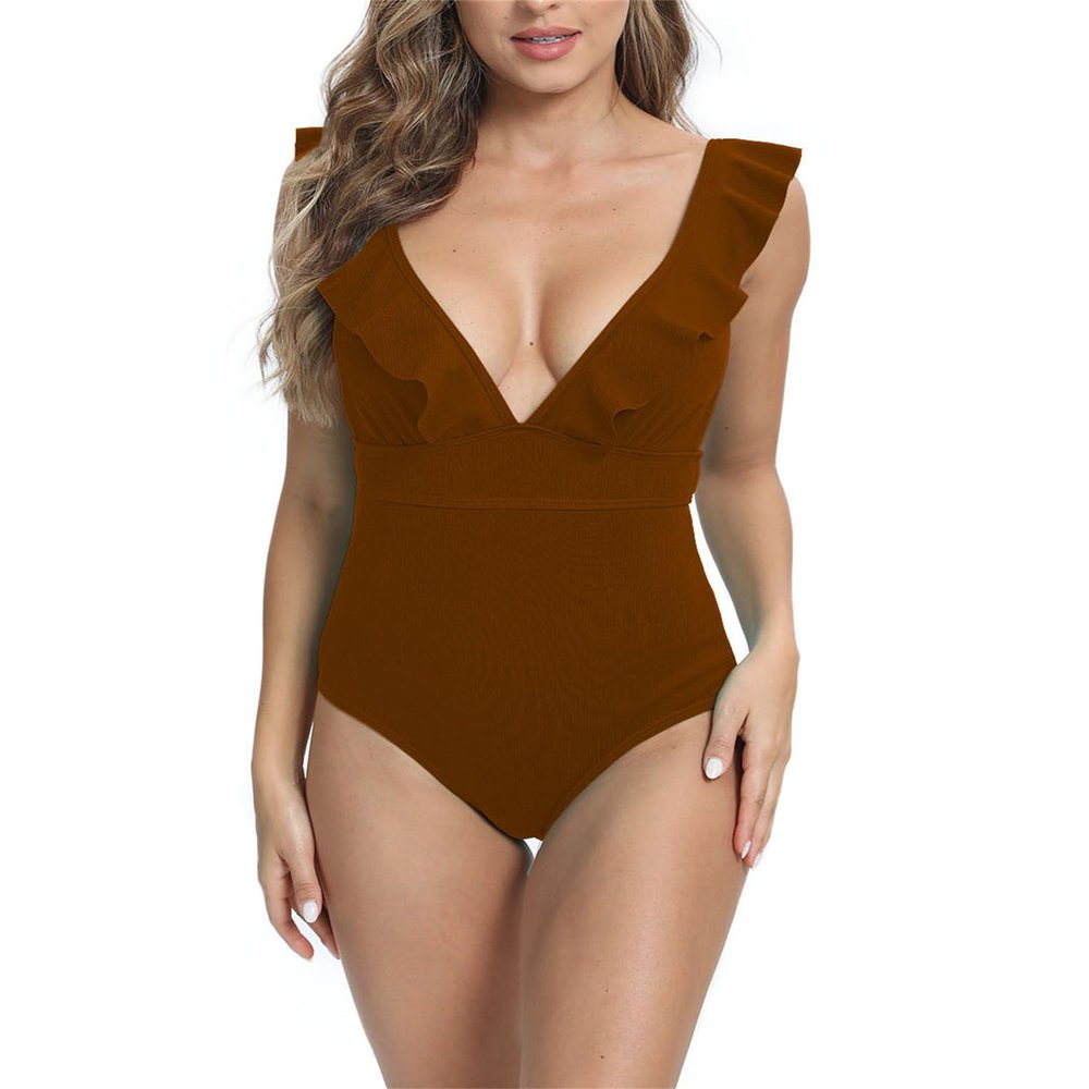 Women's Sexy Deep V Neck Vintage Solid One Piece Swimsuits Back Lace Up Ruffle Bathing Suits Tummy Control Slimming Swimwear for Beach Wear S Brown