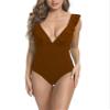 Women's Sexy Deep V Neck Vintage Solid One Piece Swimsuits Back Lace Up Ruffle Bathing Suits Tummy Control Slimming Swimwear for Beach Wear S Brown view 1