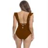 Women's Sexy Deep V Neck Vintage Solid One Piece Swimsuits Back Lace Up Ruffle Bathing Suits Tummy Control Slimming Swimwear for Beach Wear S Brown view 2