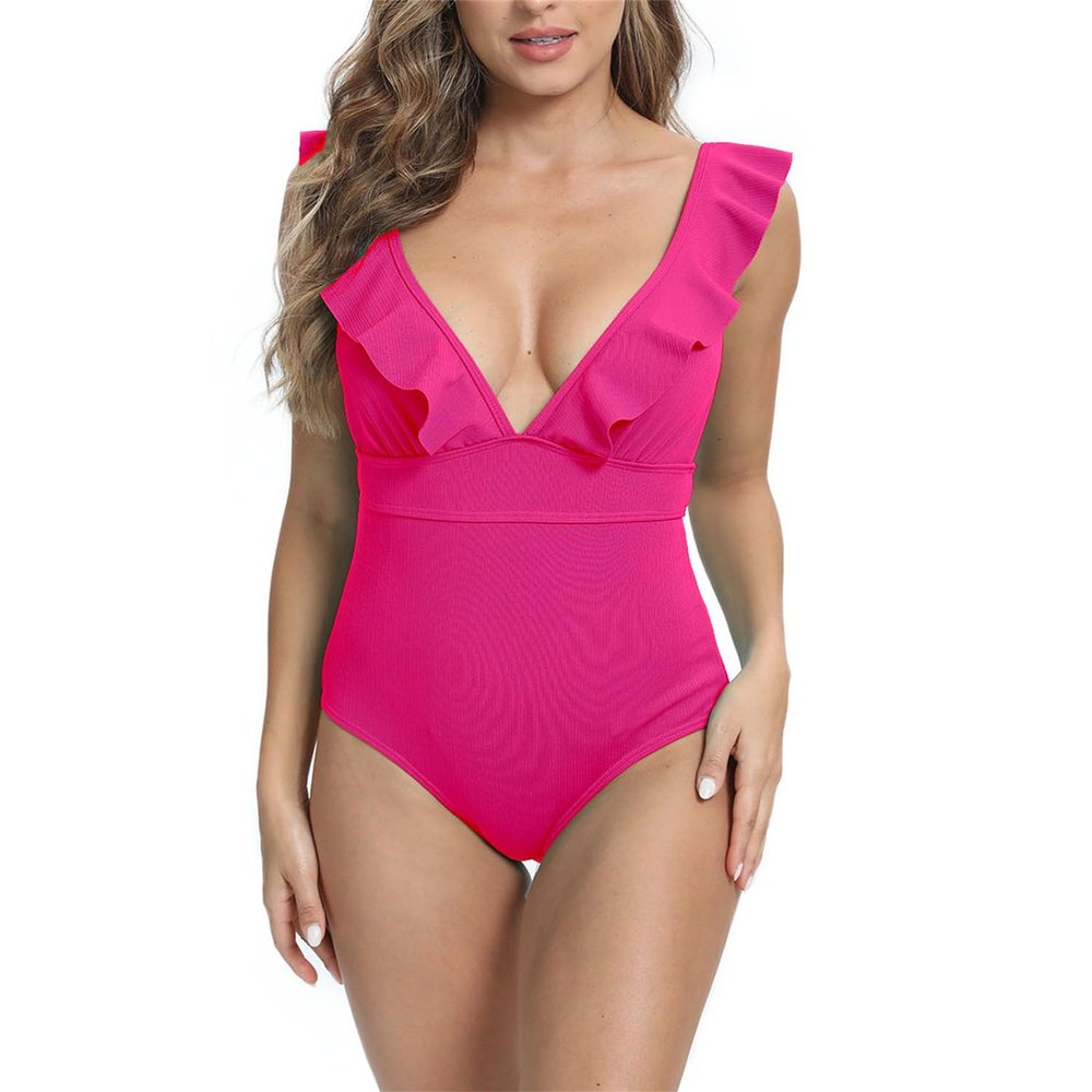 Women's Sexy Deep V Neck Vintage Solid One Piece Swimsuits Back Lace Up Ruffle Bathing Suits Tummy Control Slimming Swimwear for Beach Wear S Rose Red