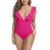 Women's Sexy Deep V Neck Vintage Solid One Piece Swimsuits Back Lace Up Ruffle Bathing Suits Tummy Control Slimming Swimwear for Beach Wear S Rose Red view 1