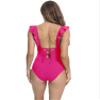 Women's Sexy Deep V Neck Vintage Solid One Piece Swimsuits Back Lace Up Ruffle Bathing Suits Tummy Control Slimming Swimwear for Beach Wear S Rose Red view 2