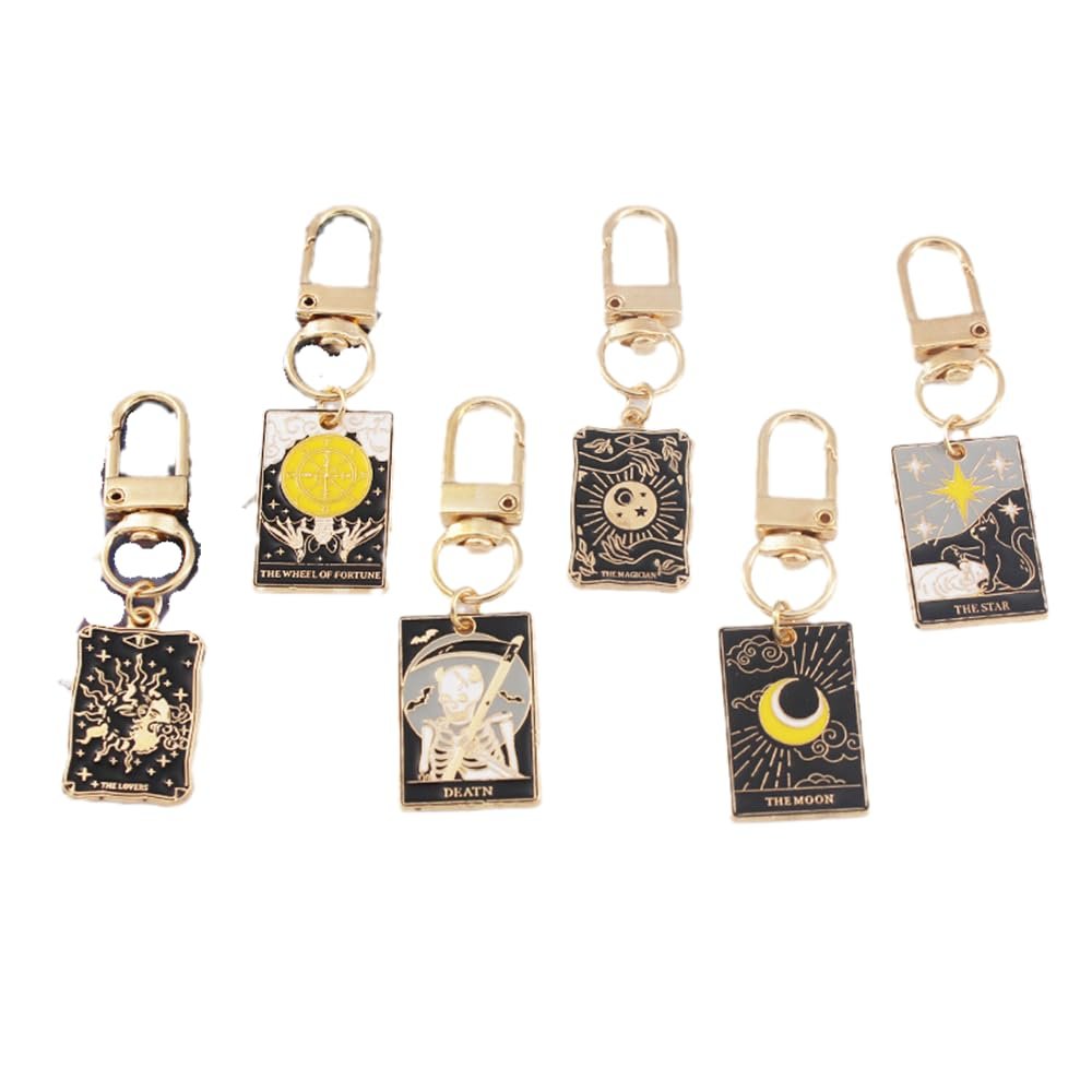 6 Pcs Tarot Cards Keychains Stainless Steel Vintage Amulet Wiccan Keyring for Card Bags