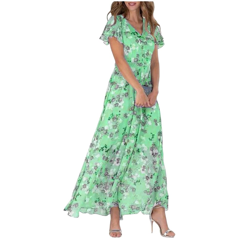FQFGGYD Women's Flowy Maxi Dress Ruffled Beach Sundress Chiffon Floral Long Skirts Short Sleeve V-Neck Waist Loose Long Dress Green
