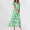 FQFGGYD Women's Flowy Maxi Dress Ruffled Beach Sundress Chiffon Floral Long Skirts Short Sleeve V-Neck Waist Loose Long Dress Green view 2