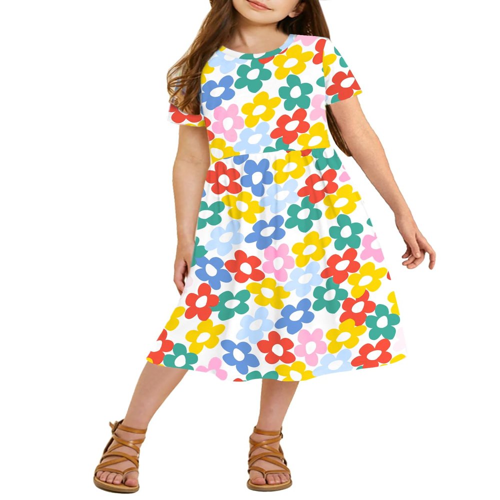 21KIDS Girls Floral Dress Kids Boho Short Sleeve Pleated Casual Dress with Pockets for Girls, White3, 6 Years