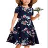 21KIDS Girls Floral Dress Kids Boho Short Sleeve Pleated Casual Dress with Pockets for Girls, Dark Blue3, 14 Years view 1