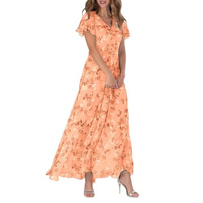 FQFGGYD Women's Flowy Maxi Dress Ruffled Beach Sundress Chiffon Floral Long Skirts Short Sleeve V-Neck Waist Loose Long Dress Orange