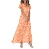 FQFGGYD Women's Flowy Maxi Dress Ruffled Beach Sundress Chiffon Floral Long Skirts Short Sleeve V-Neck Waist Loose Long Dress Orange view 1