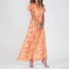 FQFGGYD Women's Flowy Maxi Dress Ruffled Beach Sundress Chiffon Floral Long Skirts Short Sleeve V-Neck Waist Loose Long Dress Orange view 4
