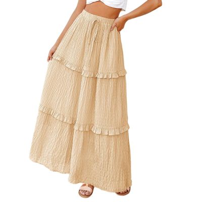 FQFGGYD Flowy Long Skirt for Women Summer Elegant High-Waisted Dress A-Line Skirt Cocktail Wedding Guest Flared Beach Dresses Beige