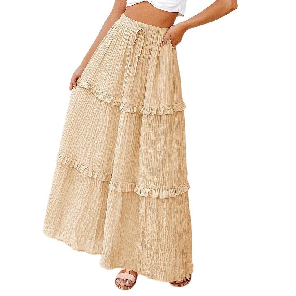 FQFGGYD Flowy Long Skirt for Women Summer Elegant High-Waisted Dress A-Line Skirt Cocktail Wedding Guest Flared Beach Dresses Beige