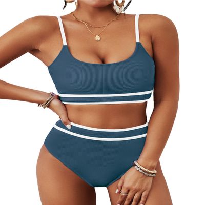 BMJL Women's High Waisted Bikini Ribbed Two Piece Swimsuit High Cut Color Block Adjustable Straps Bathing Suit(S,Dark Blue)