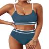 BMJL Women's High Waisted Bikini Ribbed Two Piece Swimsuit High Cut Color Block Adjustable Straps Bathing Suit(S,Dark Blue) view 1