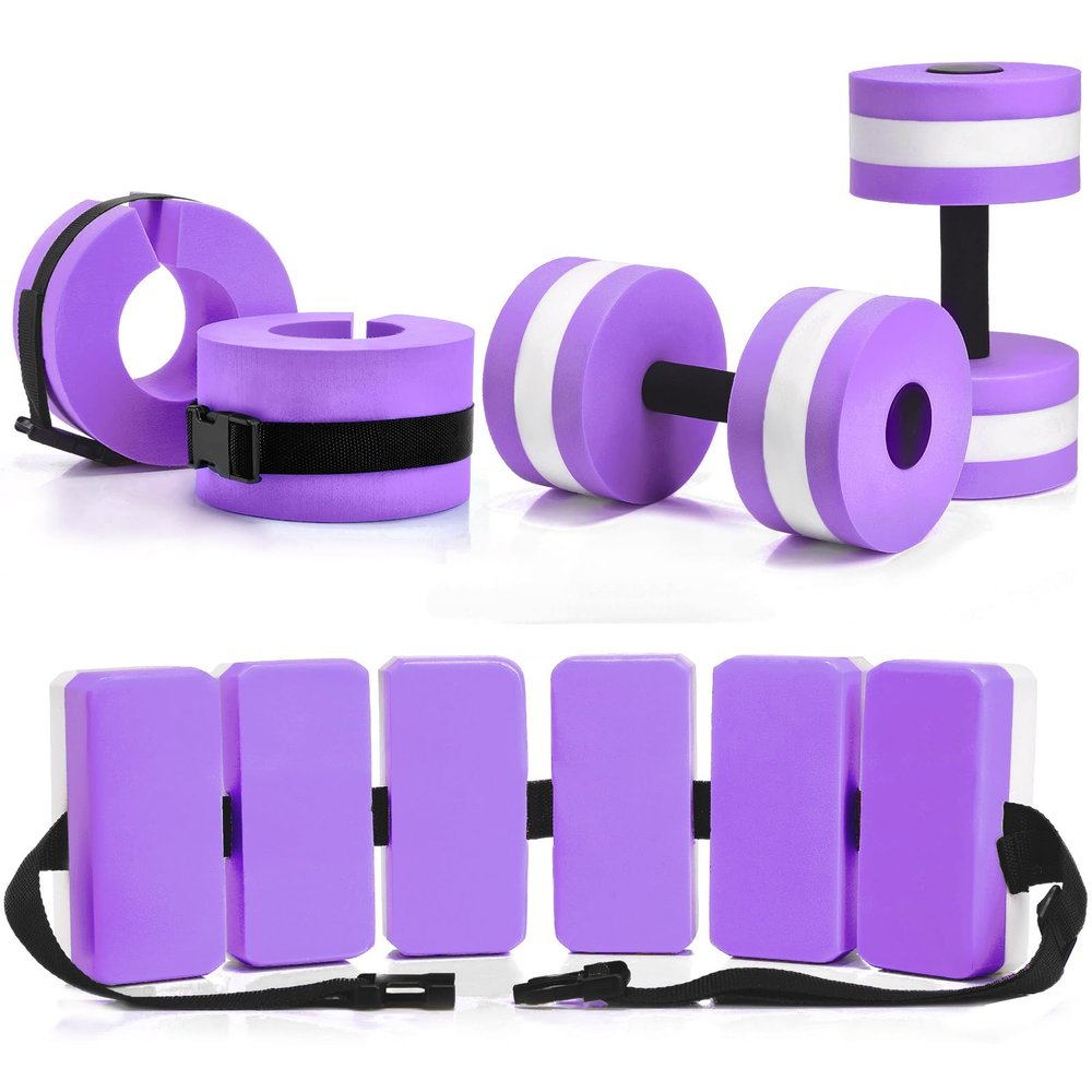 Motionchic 5 Pcs Pool Aquatic Exercise Set Including 2 Lightweight Water Dumbbells, 2 Ankle Swimming Weights, and Swim Belt Water Exercise Equipment for Aquatic Aerobics(Purple,Classic)