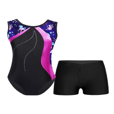 JEATHA Kids Girls Gymnastics Unitard Glitter Dance Leotard Bodysuit with Athletic Shorts Boyshorts Set Training Outfit Navy Blue&Hot Pink 5-6 Years
