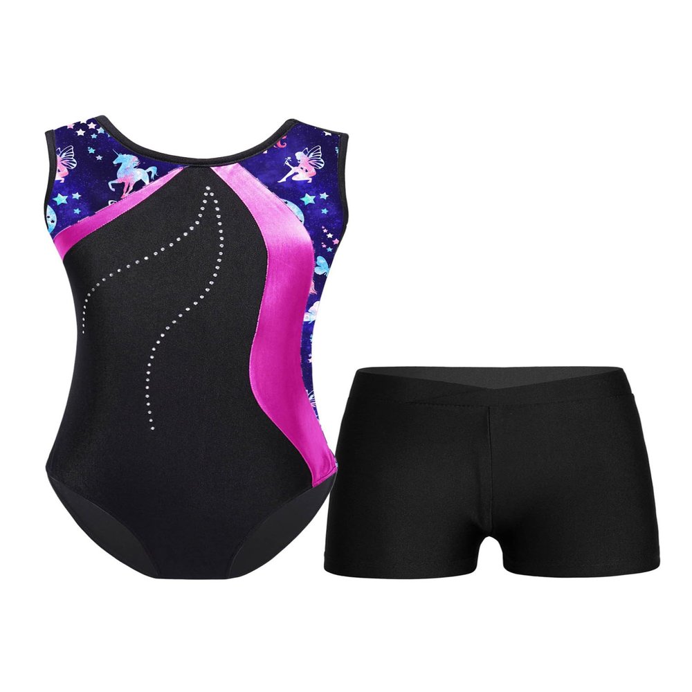 JEATHA Kids Girls Gymnastics Unitard Glitter Dance Leotard Bodysuit with Athletic Shorts Boyshorts Set Training Outfit Navy Blue&Hot Pink 5-6 Years