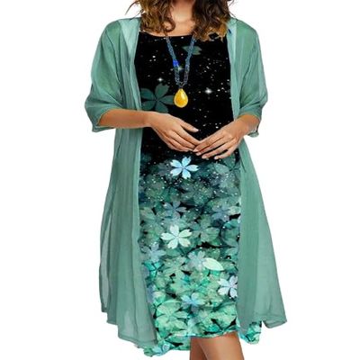 Womens Floral Print Midi Dress with Chiffon Cardigan Set Summer Boho Two Piece Dress Elegant Wedding Guest Dress