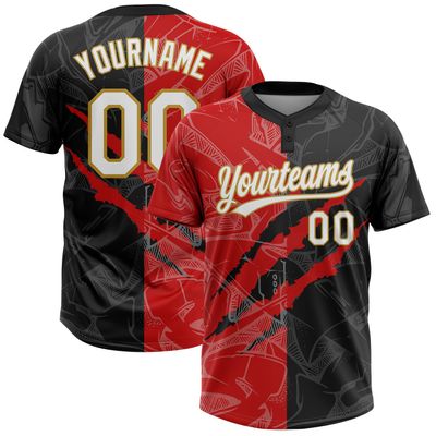 Personalized Black Red Boys Short Sleeve Shirts Softball, Custom Practice T-Shirts for Men Women, Design Scratch Pattern Sports Team Uniforms Stitched Name, Number, Logo Mesh Youth Baseball Jerseys