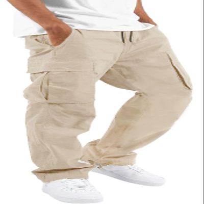HUNGSON Mens Cargo Pants Drawstring Casual Hiking Pants Joggers Athletic Trousers Cotton Loose Straight Sweatpants for Men Beige