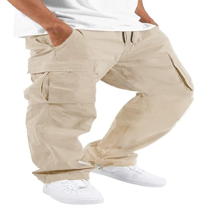 HUNGSON Mens Cargo Pants Drawstring Casual Hiking Pants Joggers Athletic Trousers Cotton Loose Straight Sweatpants for Men Beige