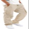 HUNGSON Mens Cargo Pants Drawstring Casual Hiking Pants Joggers Athletic Trousers Cotton Loose Straight Sweatpants for Men Beige view 1