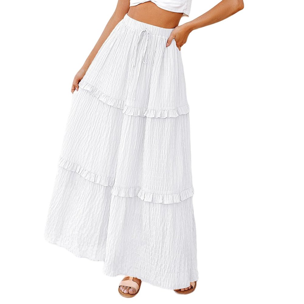 FQFGGYD Flowy Long Skirt for Women Summer Elegant High-Waisted Dress A-Line Skirt Cocktail Wedding Guest Flared Beach Dresses White