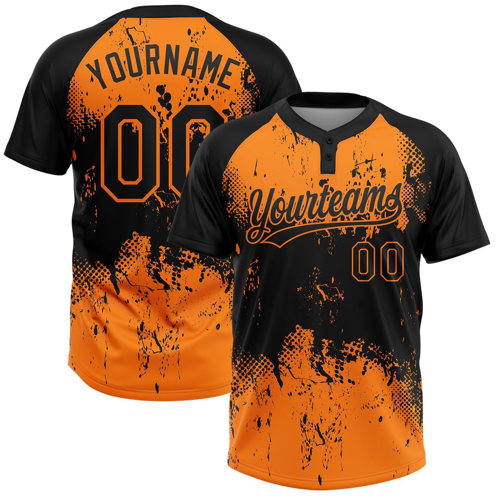 Custom Stitched Softball & Baseball Jerseys Short Sleeve, 2-Button Styles, Personalized for Men Women Youth Kids Novelty Tee Shirts Sports Team Uniforms, Black Orange Paint Splatter Pattern Pullover