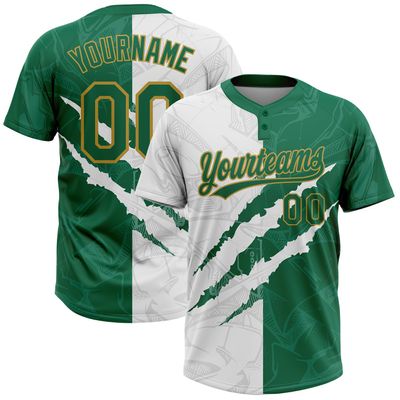 Softball Personalized Stitched Uniform with Two Button Closure Design, White Kelly Green Sports Baseball Game Day T-Shirts, Custom Front and Back Name Number Practice Apparel for Family Friends Clubs