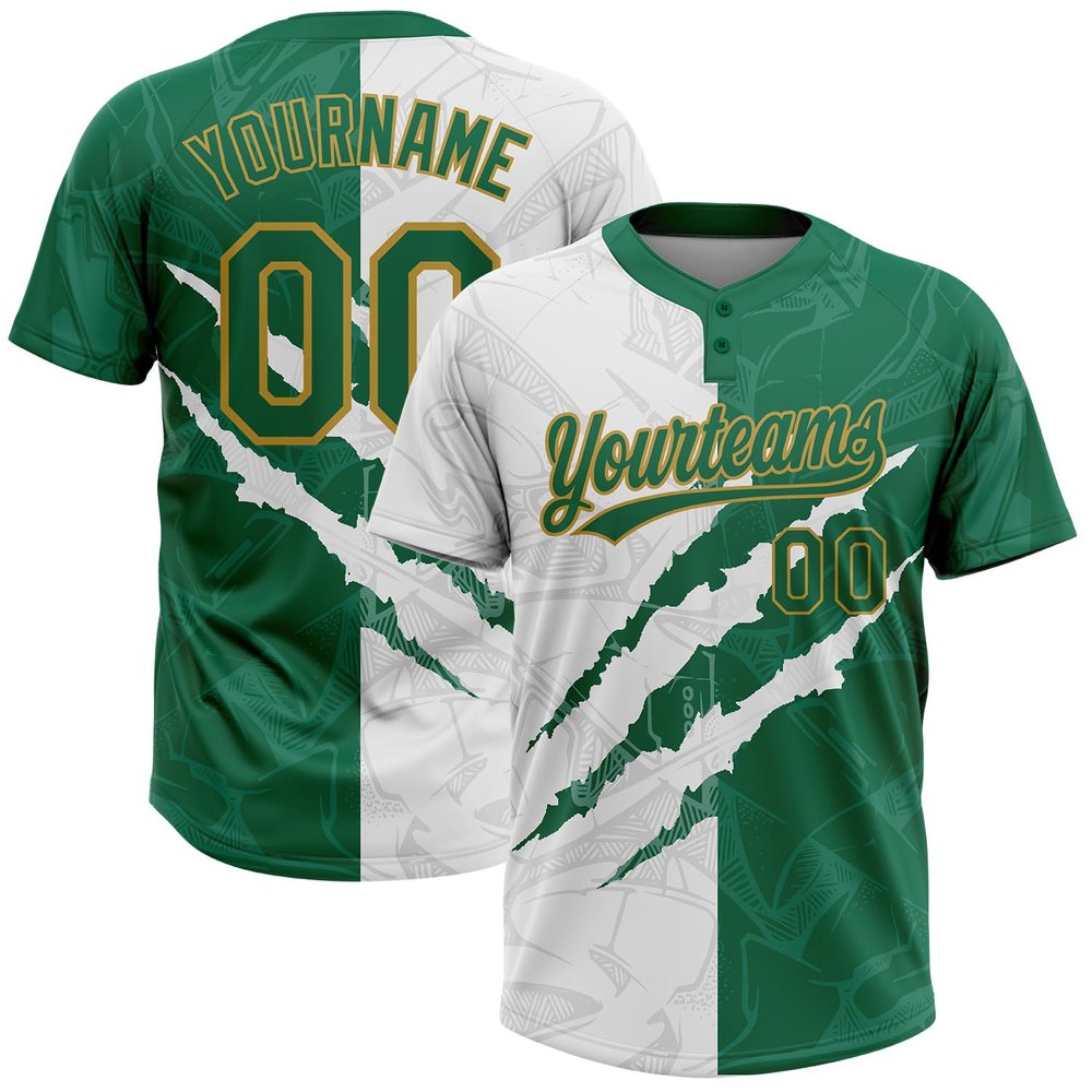 Softball Personalized Stitched Uniform with Two Button Closure Design, White Kelly Green Sports Baseball Game Day T-Shirts, Custom Front and Back Name Number Practice Apparel for Family Friends Clubs